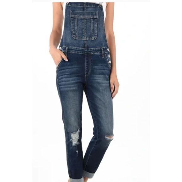 KanCan Denim - Kancan Overall Distressed Medium Wash Whiskered Jeans XS